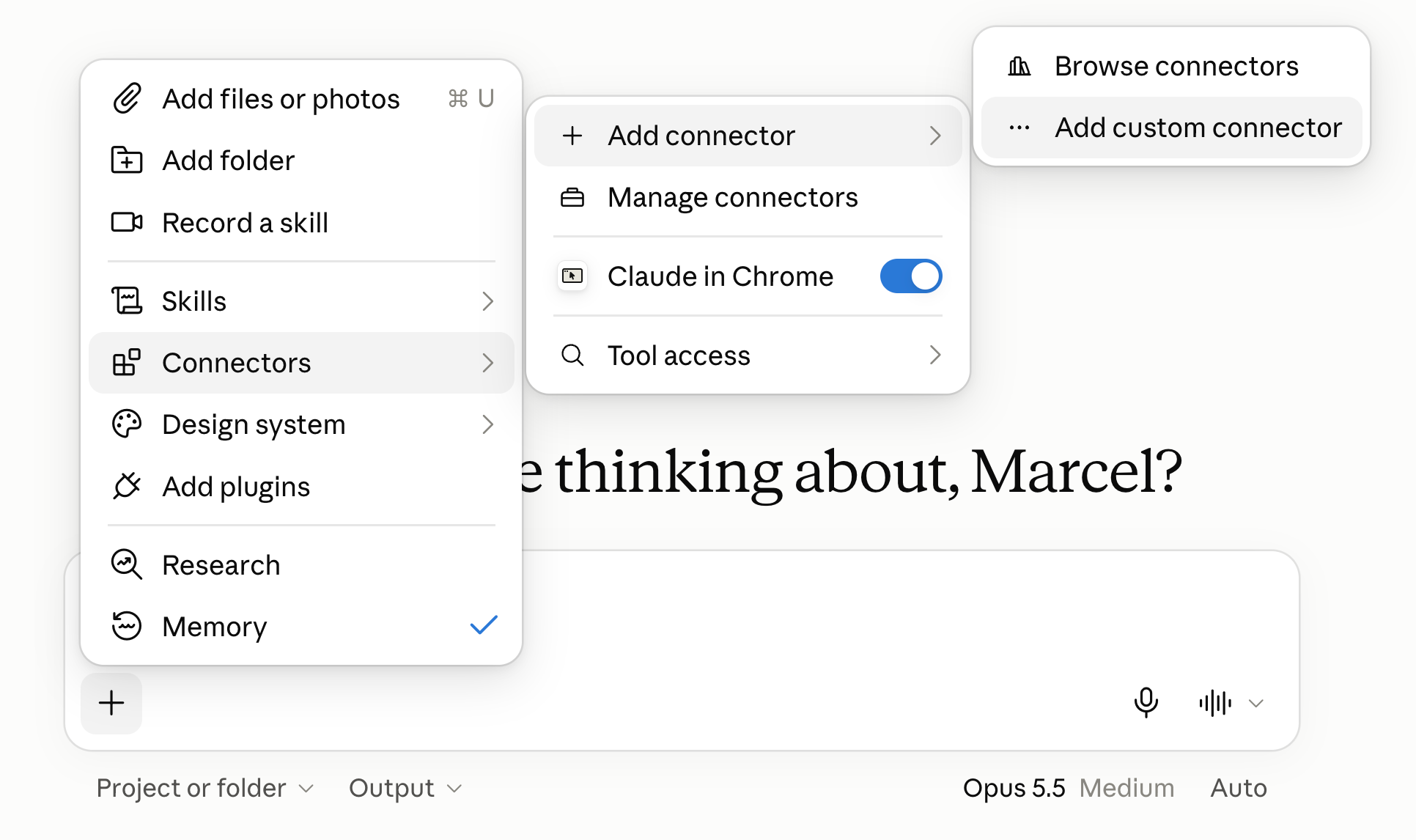 Claude.ai + menu open at Connectors → Add connector → Add custom connector