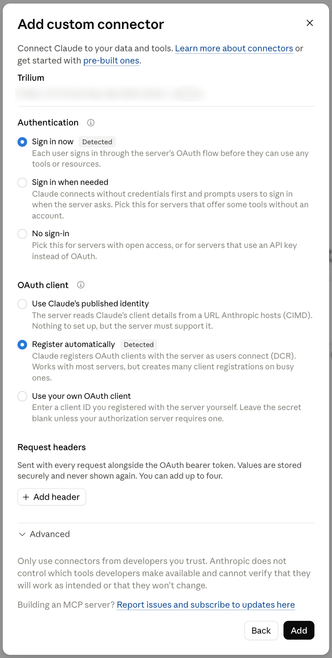 Claude.ai connector authentication step with Sign in now and Register automatically selected