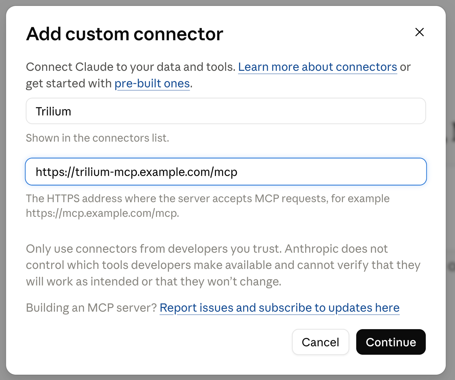 Claude.ai Add custom connector dialog with the name Trilium and the trilium-mcp URL
