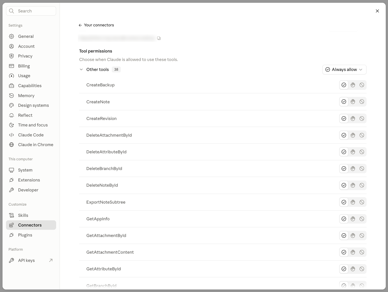 Claude connector settings listing the 38 Trilium tools under Tool permissions