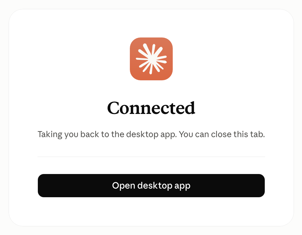 Claude page saying Connected, taking you back to the desktop app