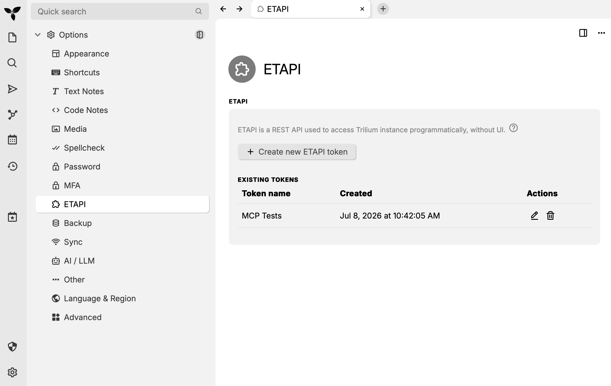 Trilium Options → ETAPI screen with the Create new ETAPI token button