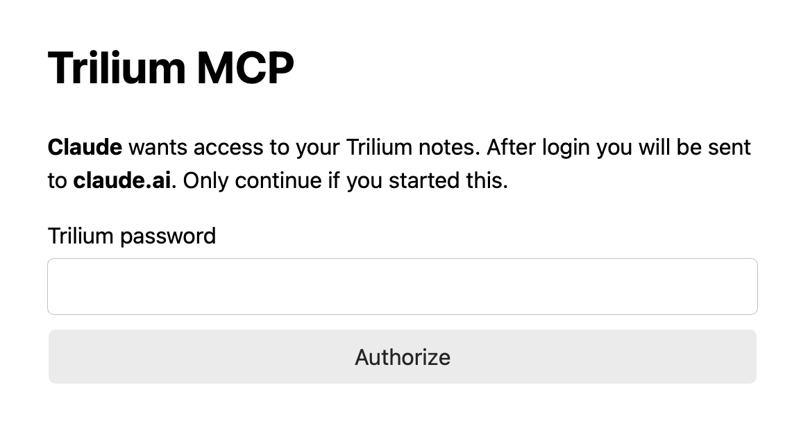trilium-mcp login page asking for the Trilium password, with an Authorize button